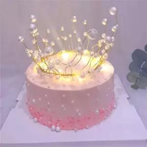 금속 진주 공주 크라운 케이크 토퍼 반짝 이는 인공 머리 장식 웨딩 약혼 Decora 생일 수제