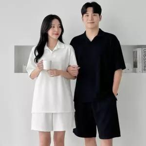 [라일리여성의류] Rly 테리 카라 반팔 셔츠 반바지 셋업 커플 시밀러룩