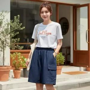 [라일리여성의류] Rly 포켓 카고 5부 밴딩 반바지 와이드 하프팬츠