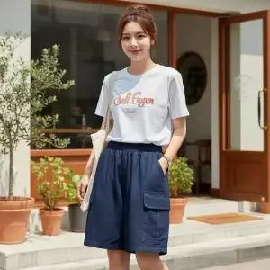 [라일리여성의류] Rly 포켓 카고 5부 밴딩 반바지 와이드 하프팬츠 49608802)