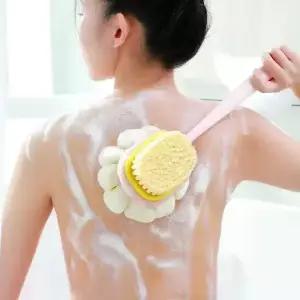여성용 스킨 엑스 폴리 에이 팅 목욕 마사지를위한 부드러운 메쉬 스폰지가있는 루파 백 스크러버 롱 핸들