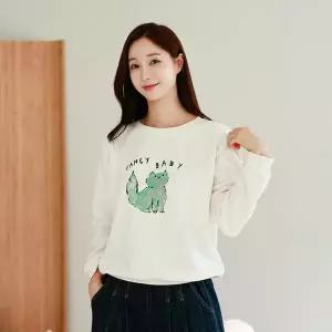 봄 가을 라운드 캣츠 프린팅 레터링 빅사이즈 맨투맨 티셔츠 캐주얼 출근 등원 미시 엄마옷