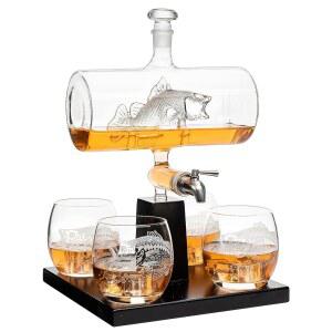 베이스 피쉬 와인 & 위스키 디캔터 세트 1100ml 바이 더 사반트, 잔 4개, 낚시 선물, 어부 보트 음료 디스펜서 스카치, 버번, 아빠 선물