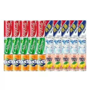 175-190ml 미니캔 음료 세트  6종 각5캔씩 / 과일촌 과일믹스+코카콜라+맥콜+환타오렌지+칠성사이다+밀키