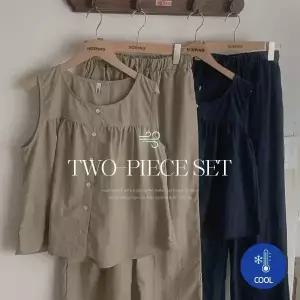 핫핑 [여름셋업] 클레시 라운드넥 나일론 나시블라우스+밴딩 와이드팬츠set
