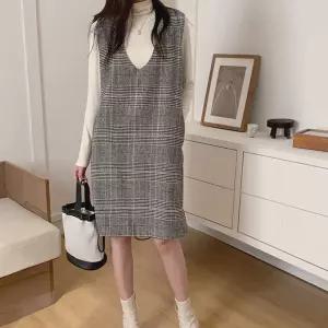 체크 브이넥 민소매 원피스 데일리 캐주얼 셔츠원피스 하객룩 결혼식하객룩