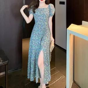 블루 꽃무늬 롱 원피스 여름 퍼프 반팔 휴양지 옆트임 슬릿