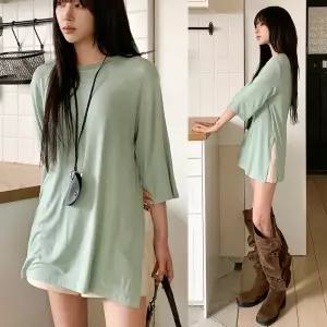 박시 루즈핏 7부소매 롱 티셔츠 옆트임 찰랑거리는 오버핏 무지티