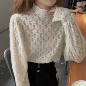 여성 이너 레이어드 하프넥 시스루 레이스 블라우스