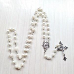 천주교 묵주 목걸이 화이트 진주 펜던트 크로스