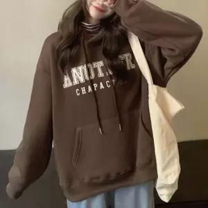 여성 긴팔 레터링 기모 맨투맨 후드 티 셔츠 브라운 여자맨투맨
