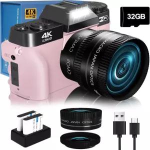 2024년 WiFi 180° 플립 스크린 16배 디지털 줌 52mm 렌즈 배터리 2개 32GB 마이크로 SD 카드(핑크)를