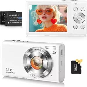 디지털 카메라 16배 줌 48MP 컴팩트 포인트 32GB SD 카드 배터리 2개로 10대 촬영용 유튜브 오토포커스 4K