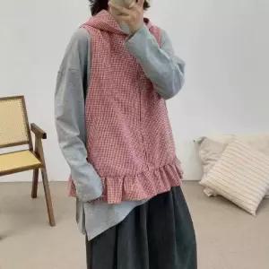솜브레로스 여성 캐주얼 조끼 체크 후드 탑 민소매 집업 DOS1