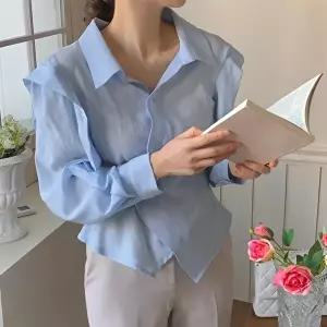 [옷자락][클리어런스]날개 살랑 랩셔츠 봄하객 하늘색 실키 블라우스_5