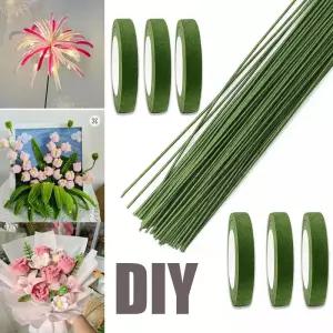 녹색 꽃 줄기 스틱 DIY 재료 수제 와이어 원예 테이프 자가 접착 부케 종이