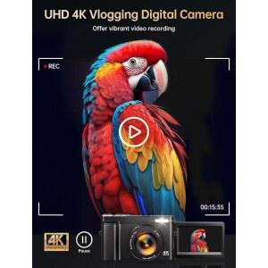 사진 촬영용 4K 디지털 카메라 3인치 180 플립 스크린 여행용 SD 카드 포인트 카메라 16배 UV 필터 배터리 2개 포함 유튜브용 64MP 자동 초점 WIFI 브이로그