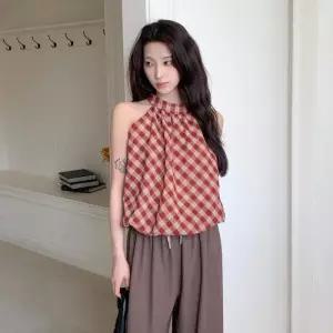 [옷자락]여자 벌룬핏 홀터넥 뒷단추 체크 블라우스