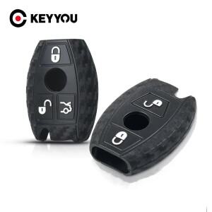 KEYYOU 탄소 실리콘 자동차 원격 키 Fob 케이스 2/3 버튼 커버 메르세데스 벤츠 호환 CLS CLA GL R SLK AMG