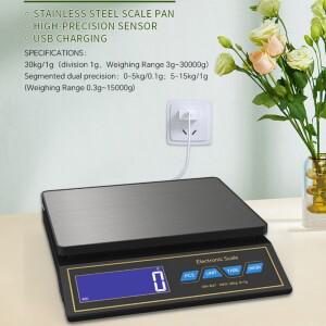 30kg/1g 대형 디지털 벤치 스케일 LCD 디스플레이 전자 저울 정확도 주방 베이킹 식품 USB 계수