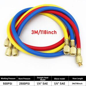 3M/118인치 3PCS 냉매 충전 호스 세트(2500~500) PSI AC는 HVAC 공기 상태 매니폴드 게이지 R12 R22 R502에