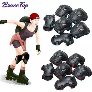 BraceTop 6 개/대 청소년 및 성인 무릎 패드 팔꿈치 손목 보호대 롤러 스케이트 보드 사이클링 스포츠 용