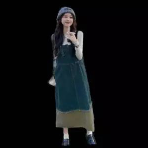여성 빈티지 데님 청 멜빵 원피스