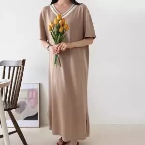 여자 배색 브이넥 양트임 반팔니트 박시핏 롱원피스