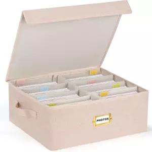 뚜껑이 있는 에로진 장식 사진 보관함 4x6 칸막이가 내부 정리함 8개 메모리 우표 기념품 베이지