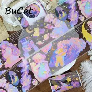 2m 무지개 빛깔의 황금 다채로운 별이 빛나는 PET 테이프 스타 문 소녀 투명 롤 스티커 Scrapbooking