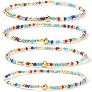 Ustome Boho 4Pcs 스택 컬러풀한 작은 씨앗 구슬 팔찌 세트 귀여운 핸드메이드 고급스러운 트렌디한 골드