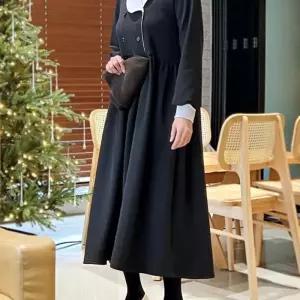 여자 기모 더블버튼 카라 미디 데일리 원피스
