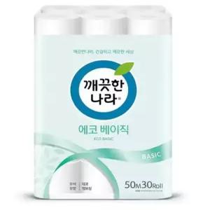 깨끗한나라 에코베이직 2겹화장지 50m 30롤 3팩 (90롤)