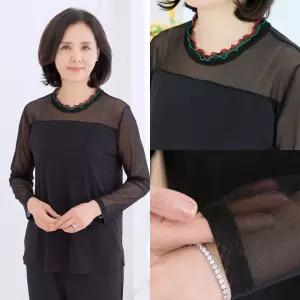 엄마옷 마미소 프릴 넥 시스루 블라우스 국내생산 망사 레이어드 할머니 빅사이즈 40 70 마담 중년 여성 옷