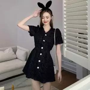 검정원피스 여성 블랙원피스 버튼 드레스 반팔 결혼식하객룩 상견례옷차림