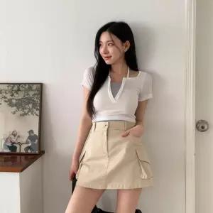 여자 베이직 뒷밴딩 코튼 카고 미니스커트