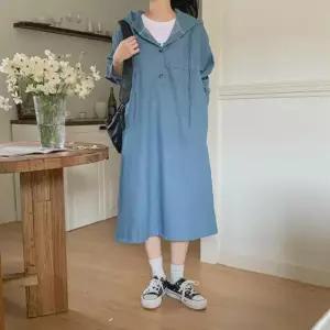 여자 데님 후드 앞포켓 캐쥬얼 롱 원피스 48926037)