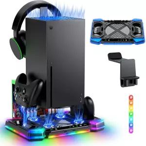 컨트롤러 충전기가 있는 Xbox Series X용 업그레이드된 RGB 냉각 팬 스탠드 X 콘솔 듀얼 충전 도크 및 쿨러