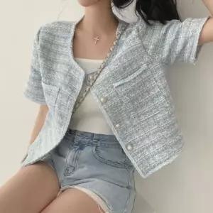 은창진주 버튼 트위드 크롭 반팔 자켓 반팔 점퍼 잠바 여름 비치 봄 가을 아우터 여성 하객룩 여름 자켓