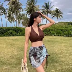 수피 여자 스커트 스트링 분할 가슴 비치웨어 바캉스룩 세트 하이웨스트 수영복 온천 3종 JEN1