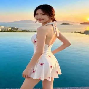 수피 여성용 홀터넥 백로즈 드로즈 슬림핏 프렌치 프린트 바캉스룩 비치웨어 JEN1