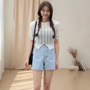[옷자락] 여성 연청 아이스 밑단 컷팅 3부 데님팬츠