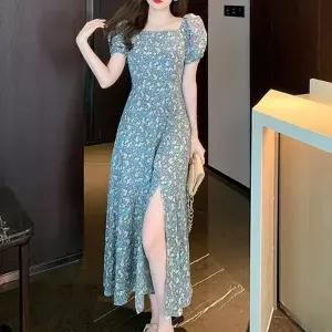 블루 꽃무늬 롱 원피스 여름 퍼프 반팔 휴양지 옆트임 슬릿