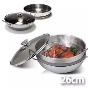 국내산 키친아트 인덕션 겸용 통3중 스텐 2단 찜냄비 26cm/조개/만능/생선/가정용/이유식/선물/멀티/해물
