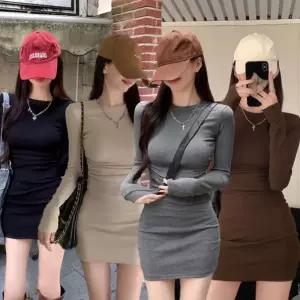 여자 폴리 긴팔 라운드넥 셔링 미니 원피스
