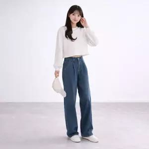 여자 하이웨스트 앞주름 와이드 코튼 스판 데님