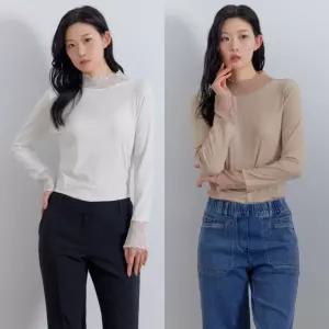 지센 [26SS] 여성 레이스 패치 골지 긴팔 티셔츠 LFTSQ101