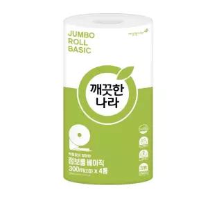 (4롤1백) 점보롤 티슈 2겹 베이직 관공서 병원 95x300m/두루마리/휴지/롤휴지/화장실/업소용/대형/가성비