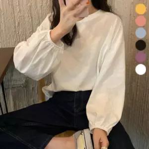 여성 루즈핏 벌룬 소매 라운드넥 긴팔 티셔츠 시보리