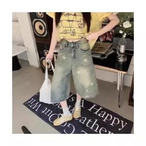 여자 일자 스트레이트 핏 청바지 빈티지 여름 워싱 별 칠부바지 스트리트 슬림 BE2